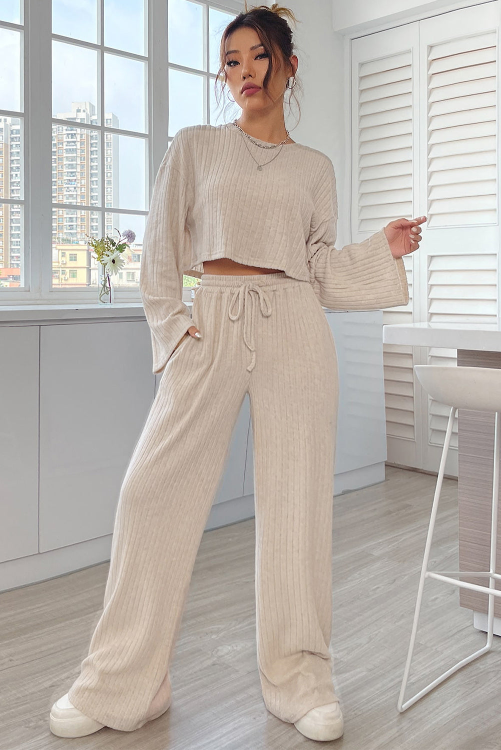 Khaki Ribbed Knit Bell Sleeve Crop Top Drawstring Pants Set