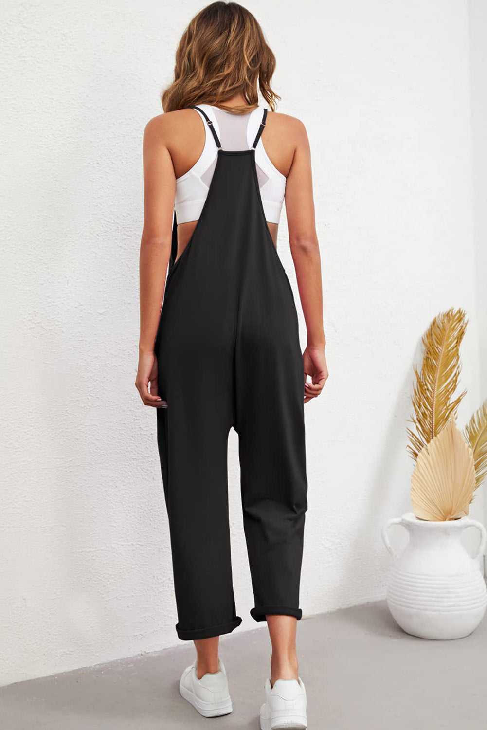 Black Pocketed Adjustable Spaghetti Strap Straight Leg Jumpsuit