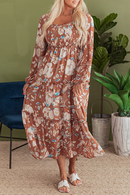 Brown Floral Print Shirred Square Neck High Waist Maxi Dress