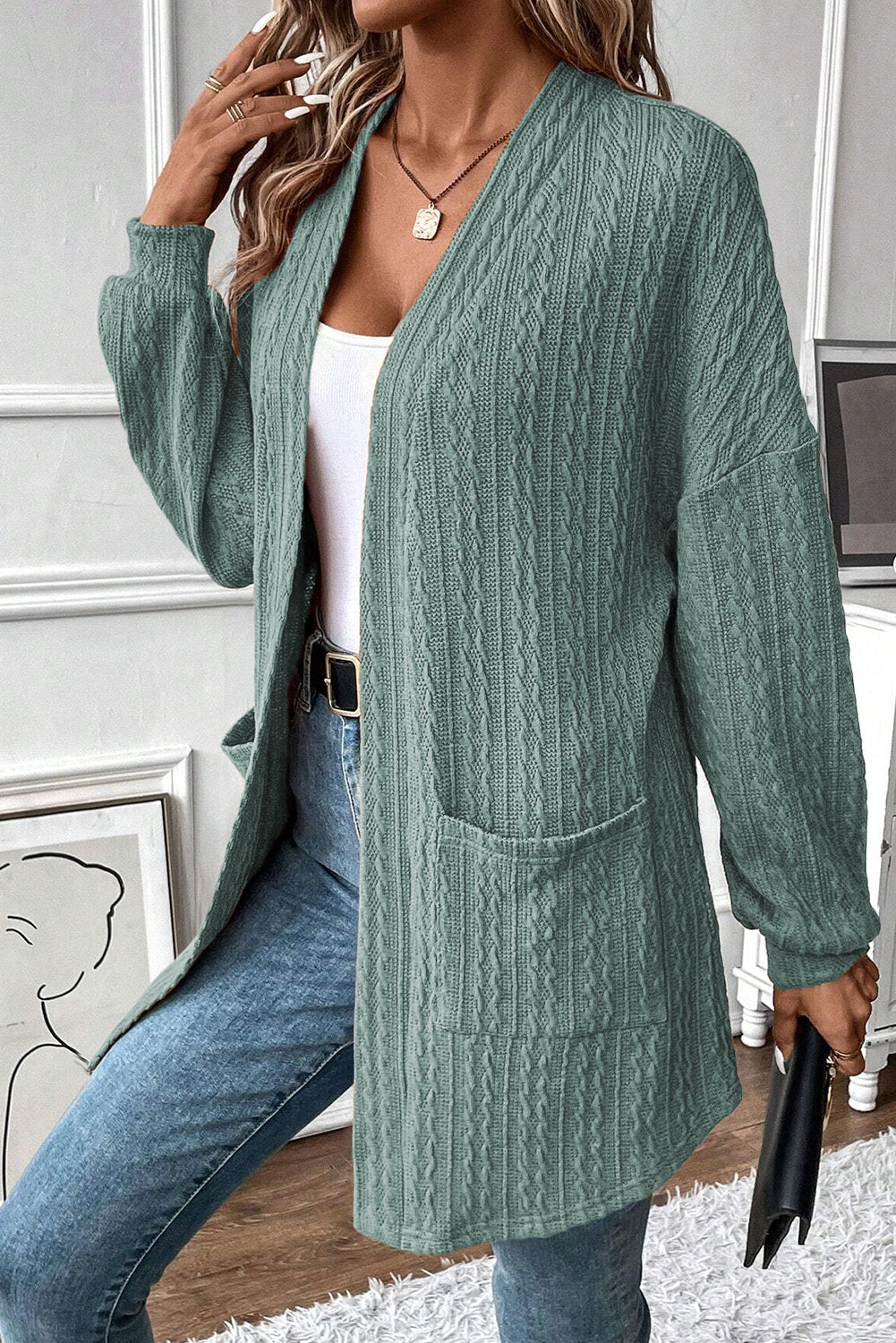 Black Textured Knit Side Pockets Open Front Cardigan