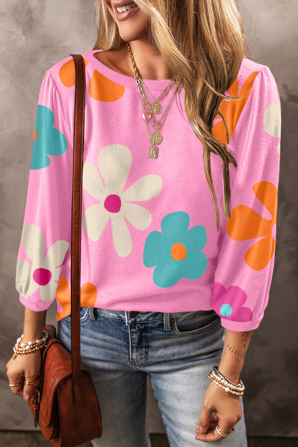 Apricot Cute Flower Print Bracelet Sleeve Top