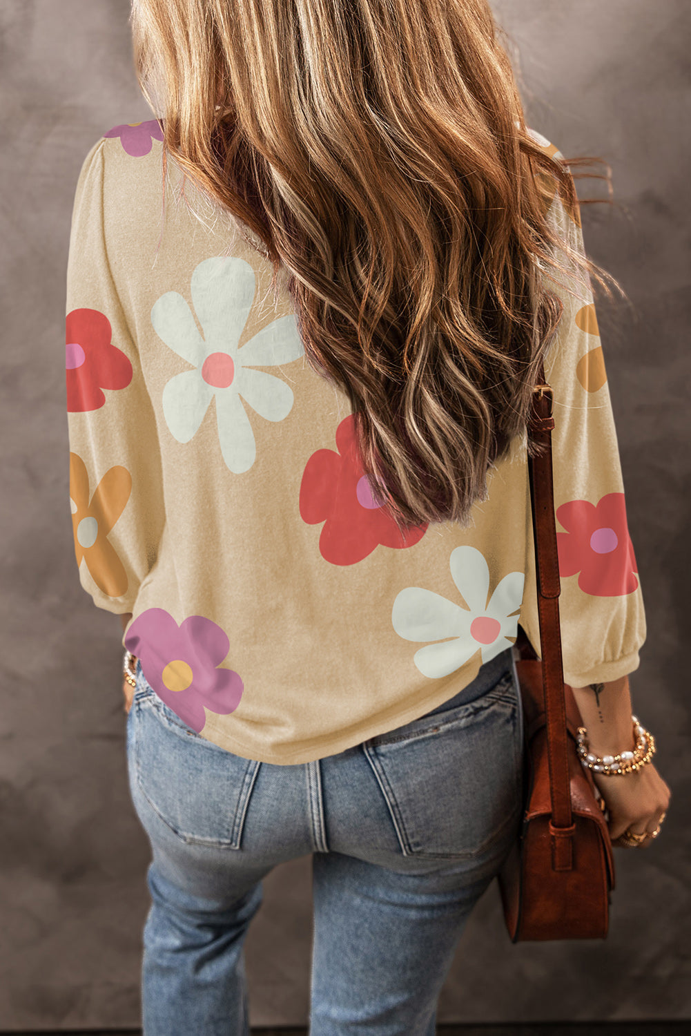 Apricot Cute Flower Print Bracelet Sleeve Top