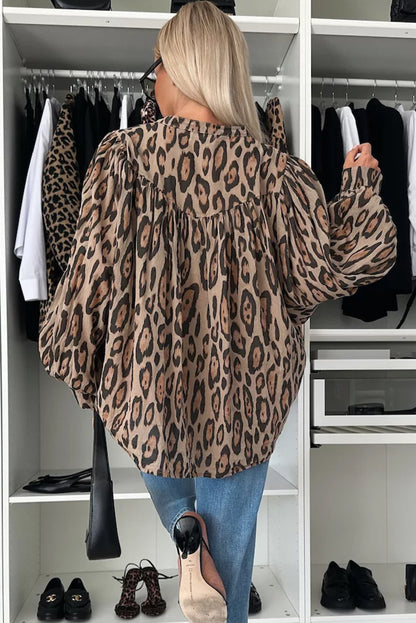 Light French Beige Oversized Leopard Print Balloon Sleeve Casual Shirt