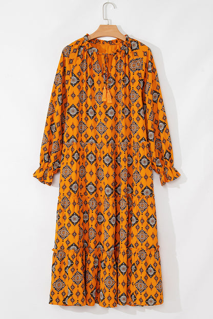 Orange Western Geometric Print Tiered Frilled Loose Fit Midi Dress