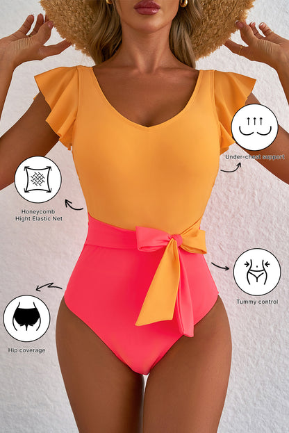 Vitality Orange Color Block Ruffled Knotted Backless One Piece Swimsuit