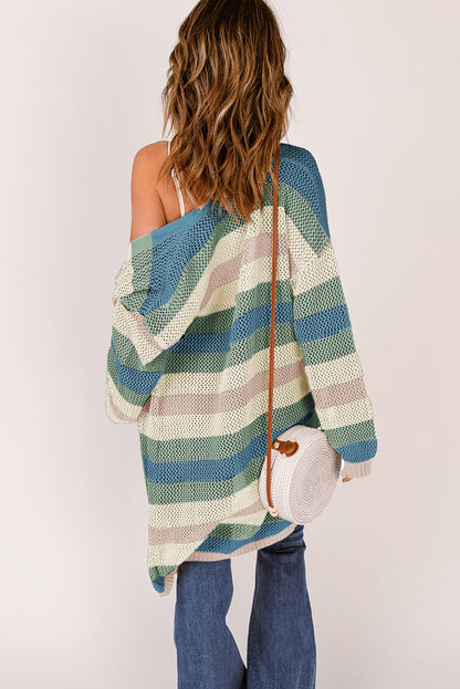 Blue Striped Color Block Hollowed Knit Cardigan