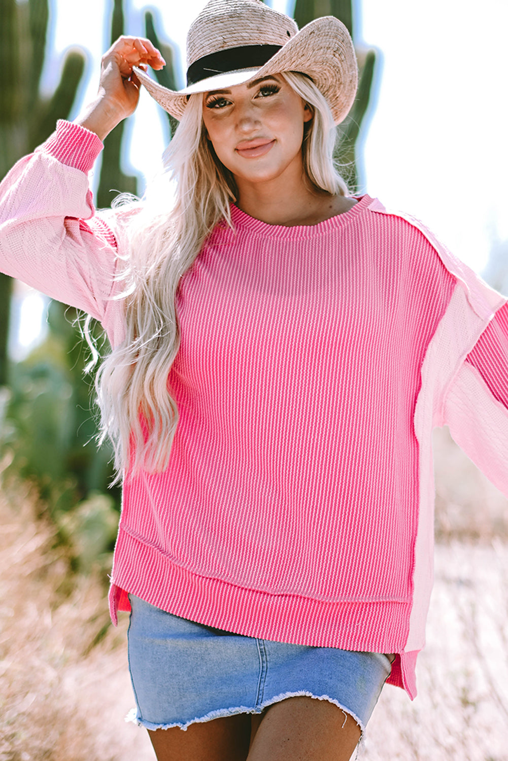 Bonbon Cable Knit Colorblock Exposed Seam Sweatshirt