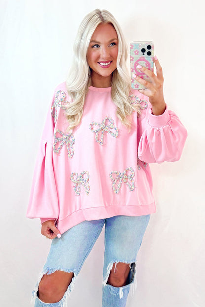 Light Pink Embroidered Bow Lantern Sleeve Oversized Pullover Sweatshirt