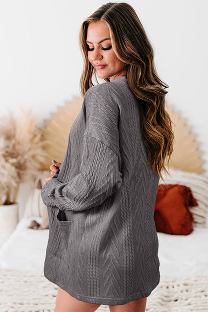 Coffee Solid Textured Open Front Cardigan with Pocket