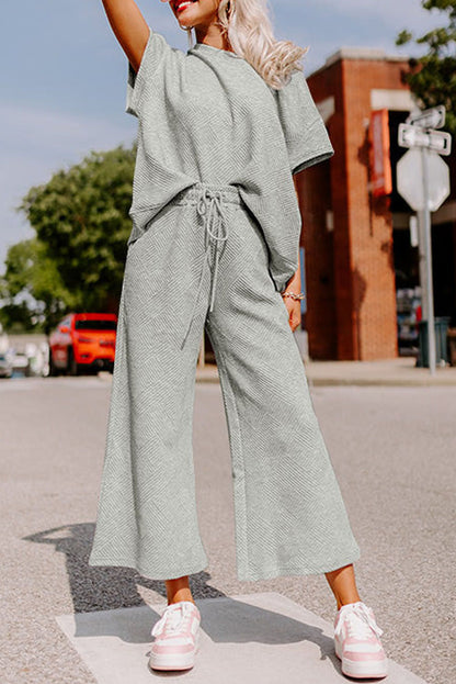 Gray Textured Loose Fit T Shirt and Drawstring Pants Set