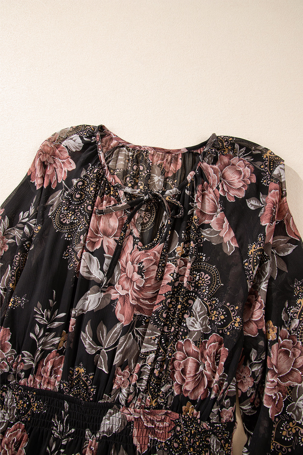 Black Vintage Floral Puff Sleeve V Neck Smock Waist Dress