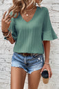 Beau Blue Ruffled Half Sleeve V Neck Textured Top