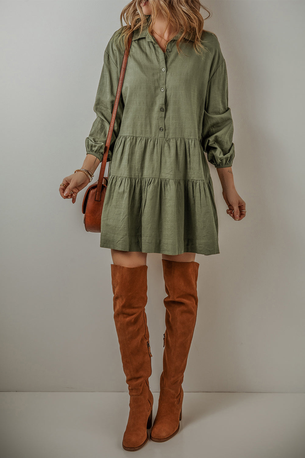 Jungle Green Puff Sleeve Buttoned Tiered Pleated Shirt Mini Dress