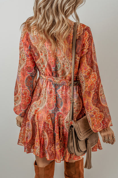 Orange Boho Paisley Print Long Sleeve Pleated Belted Mini Dress