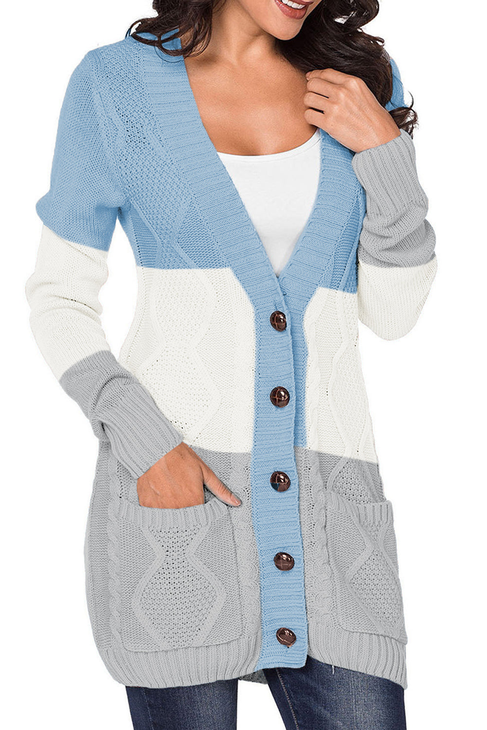 Gray Front Pocket and Buttons Closure Cardigan