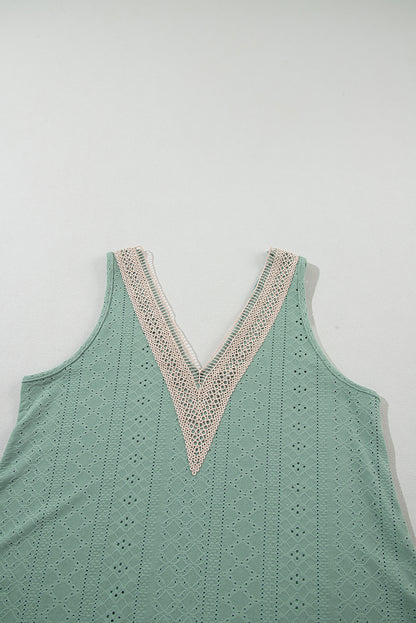 Mist Green Lace Crochet Splicing V Neck Loose Fit Tank Top