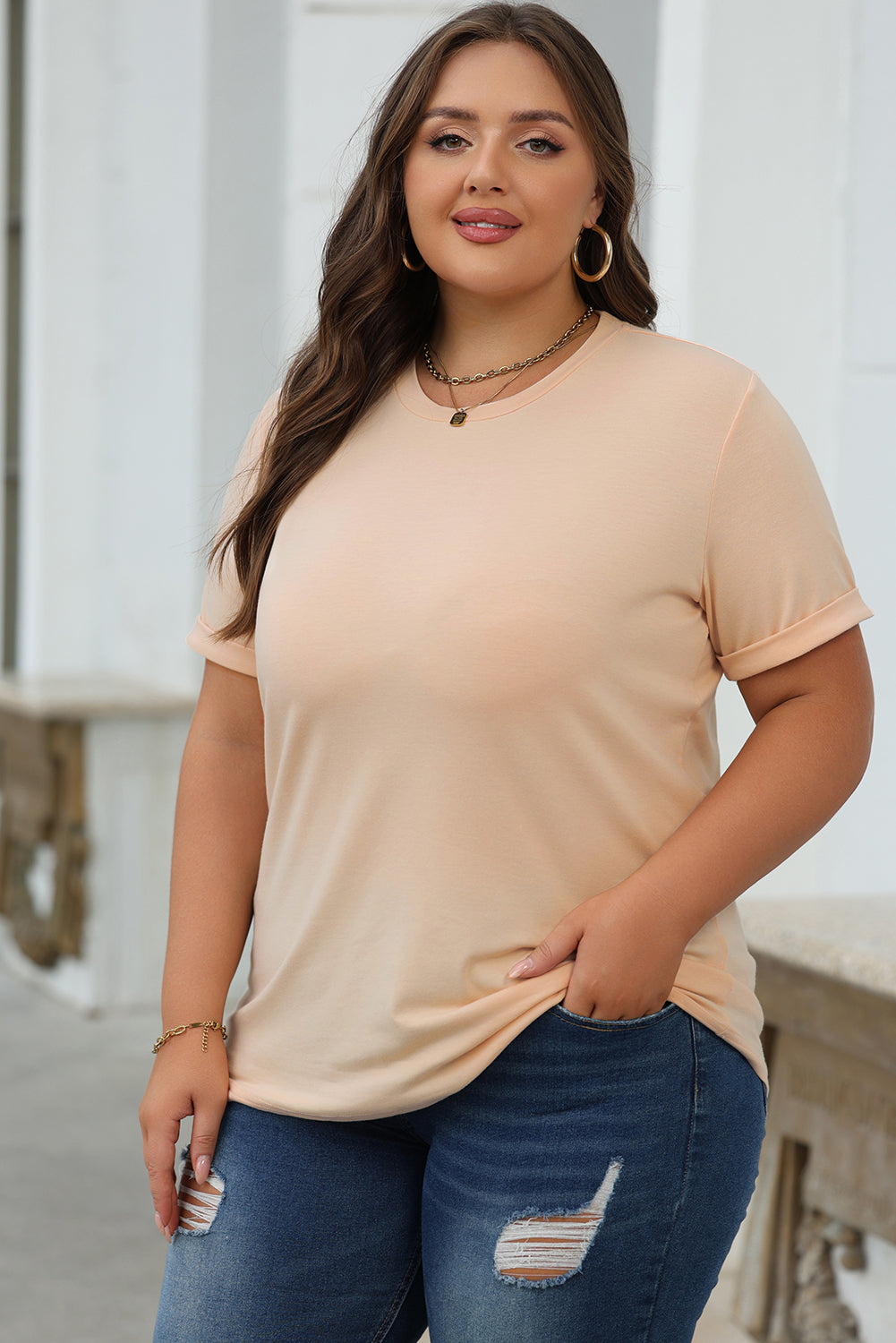 White Casual Plain Crew Neck Tee