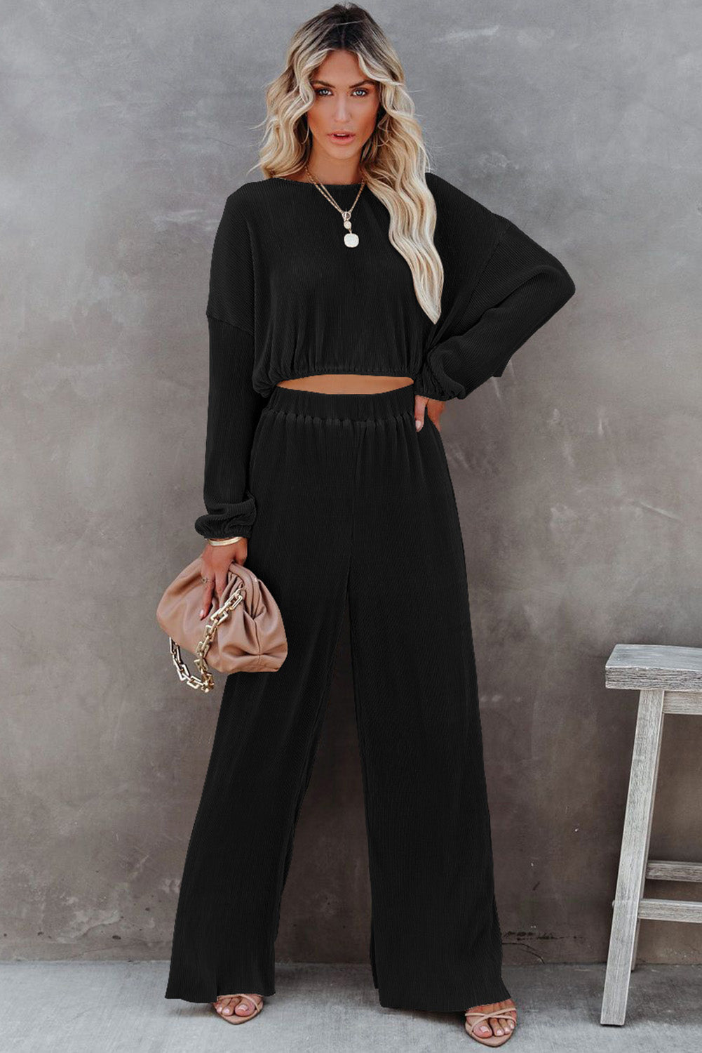 Black Corded Cropped Pullover and Wide Leg Pants Set