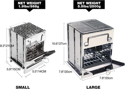 Wood Burning Folding Camp Stove Stainless Steel Grid, Portable Collapsible Backpacking Stove Survival Rocket Stove for Hiking Outdoor Tent Camping Picnic BBQ, Samll