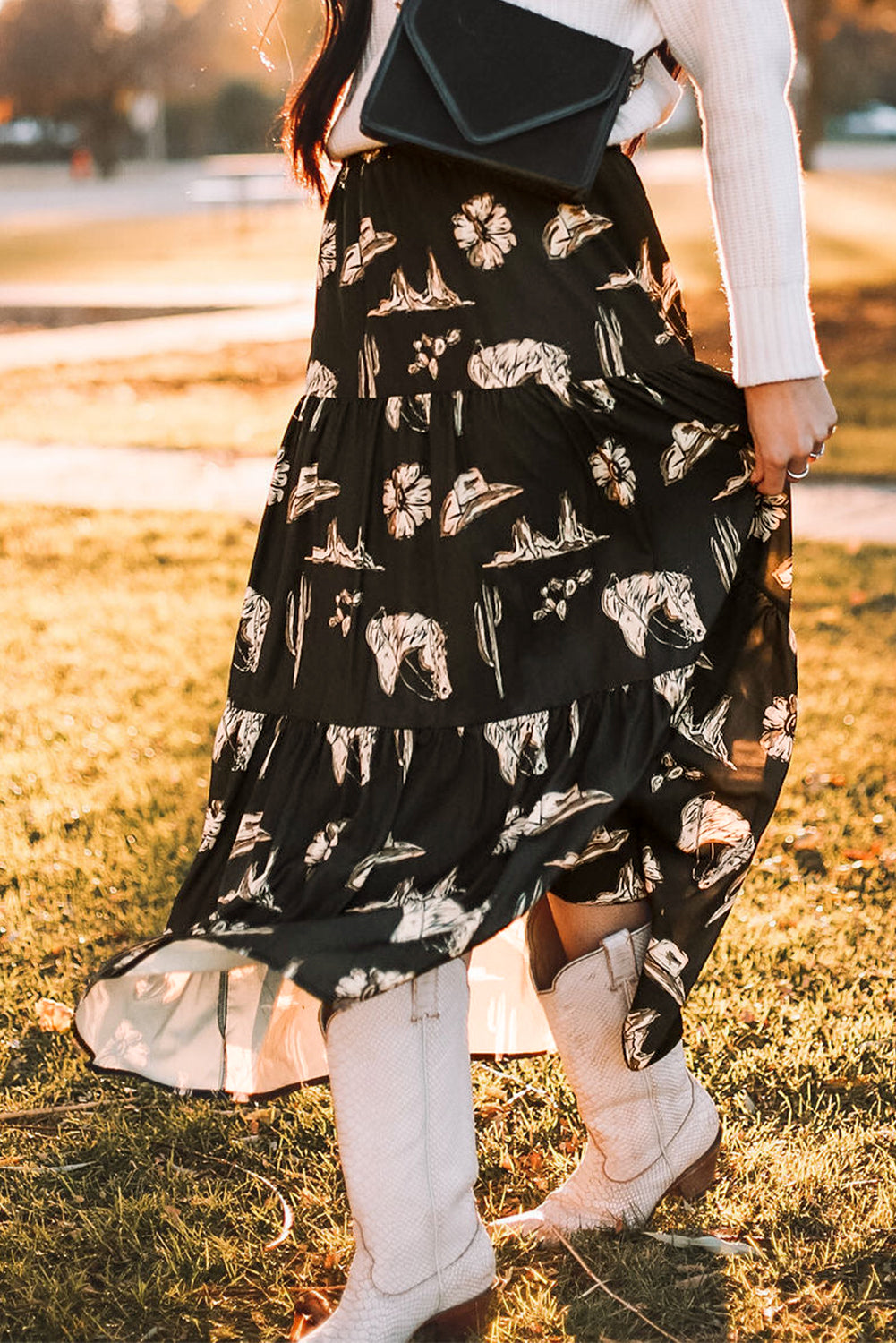 Black Western Print Tiered Ruffled High Waist Maxi Skirt