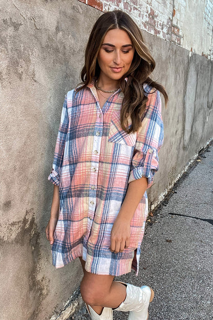 Pink Plaid Roll-tab Sleeve Side Slit Shirt Dress