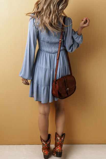 Ashleigh Blue Long Sleeve V Neck Smocked Tiered Mini Dress