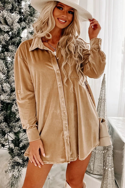 Light French Beige Velvet Button Front Shirt Mini Dress