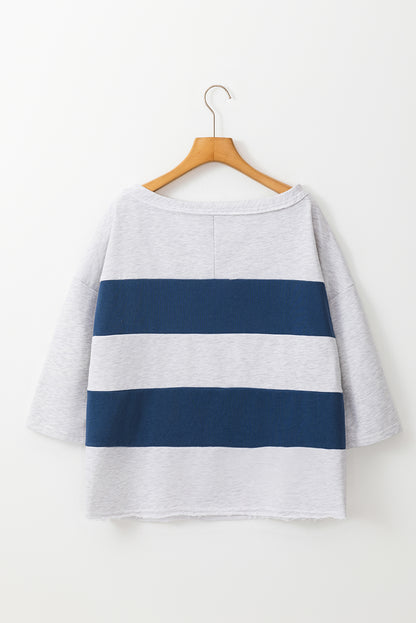 Sail Blue Colorblock Striped Patchwork 3/4 Sleeve Raw Seamed Sweatshirt