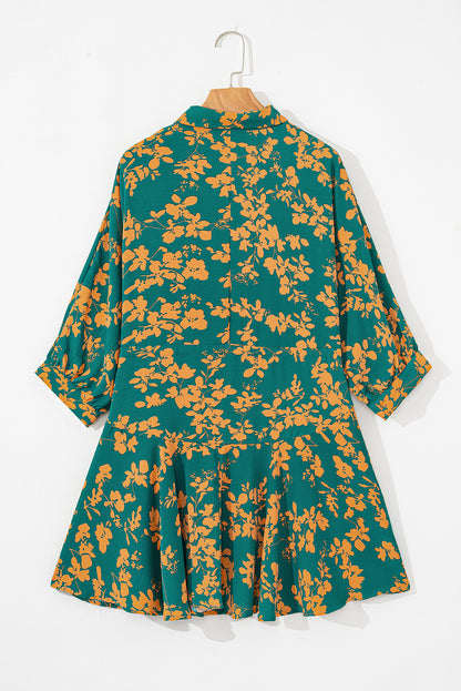 Green Floral Print Drawstring Tunic Flowy Short Dress