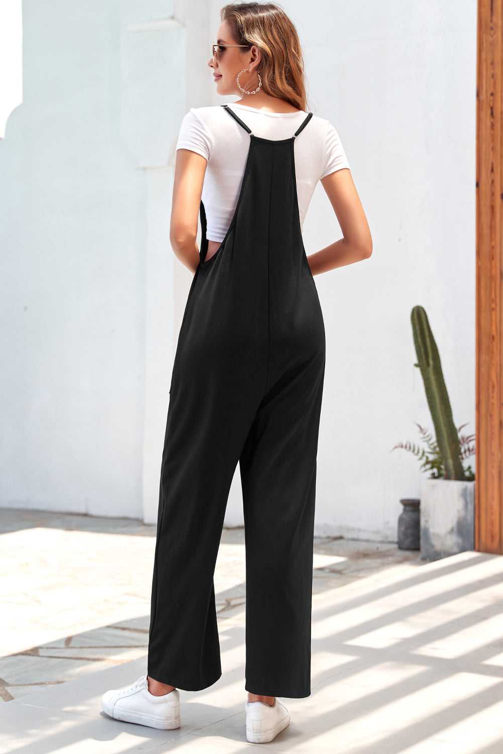 Black Pocketed Adjustable Spaghetti Strap Straight Leg Jumpsuit