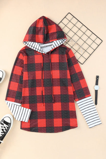 Fiery Red Christmas Plaid Striped Patchwork Drawstring Hoodie