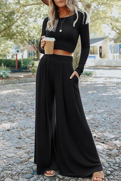 Black Solid Color Ribbed Crop Top Long Pants Set