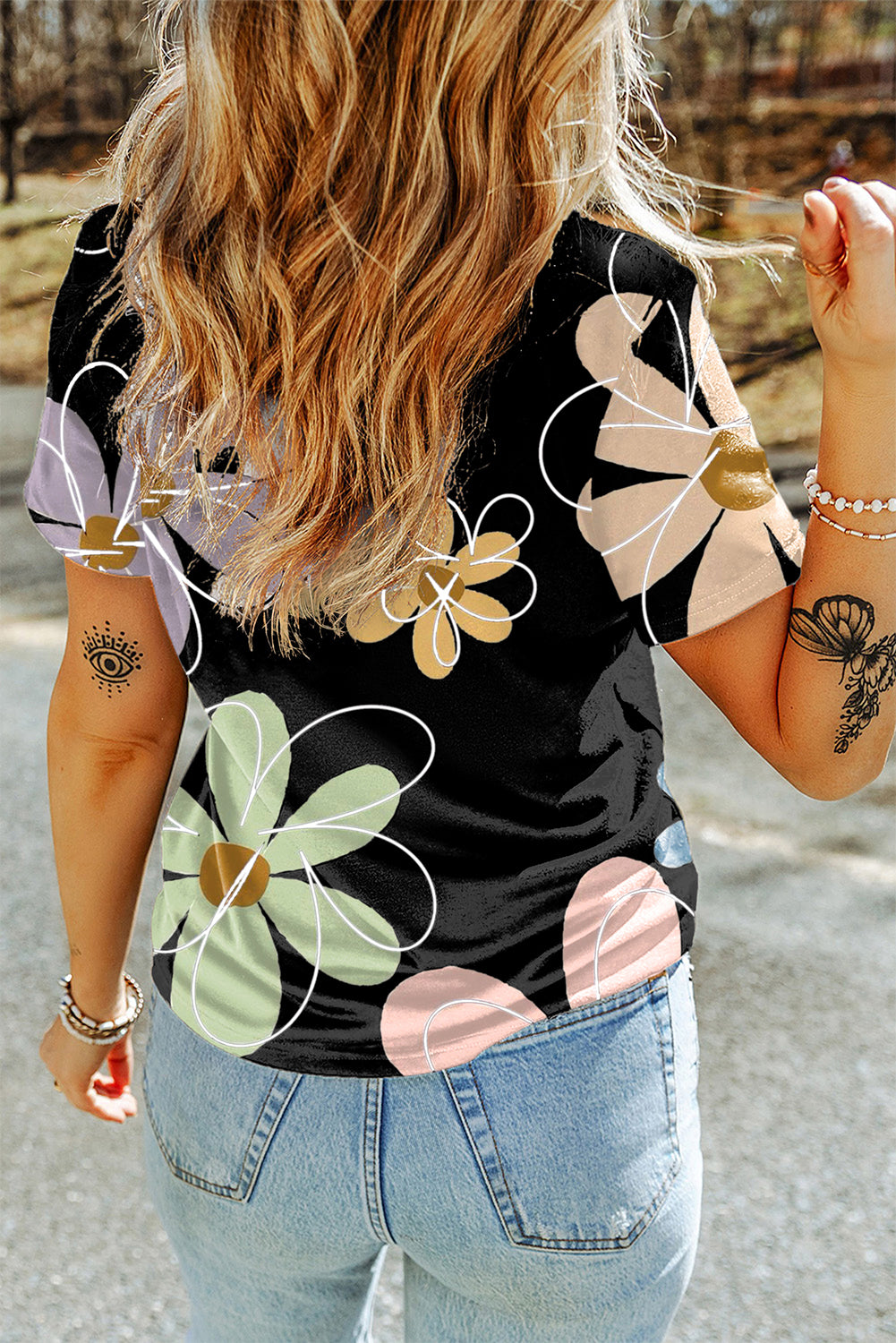 Beige Summer Flower Print Casual Round Neck T Shirt