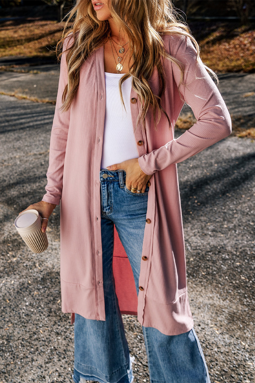 Pink Ribbed Button-Up Split Duster Cardigan