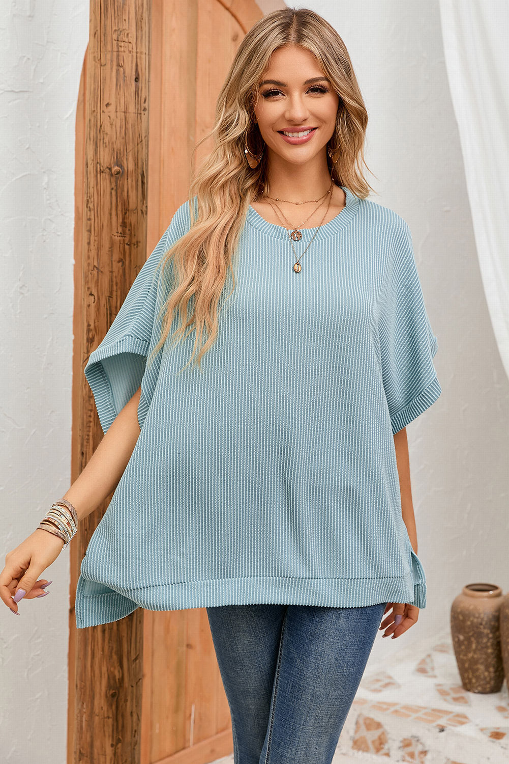 Apricot Ribbed Knit Batwing Sleeve Tunic Oversized T Shirt