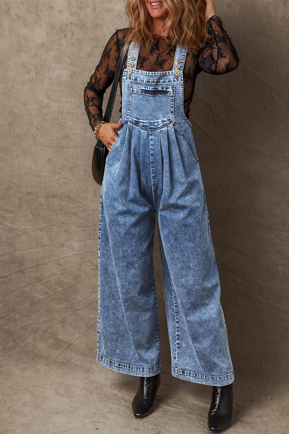 Light Blue Mineral Wash Buttoned Straps Wide Leg Denim Overalls