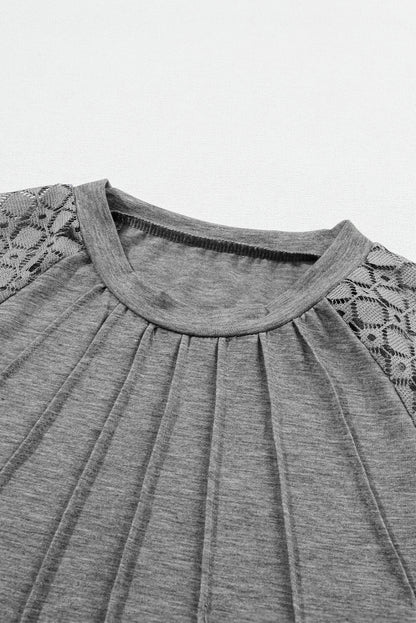 Gray Contrast Lace Raglan Sleeve Plicated Knit Top