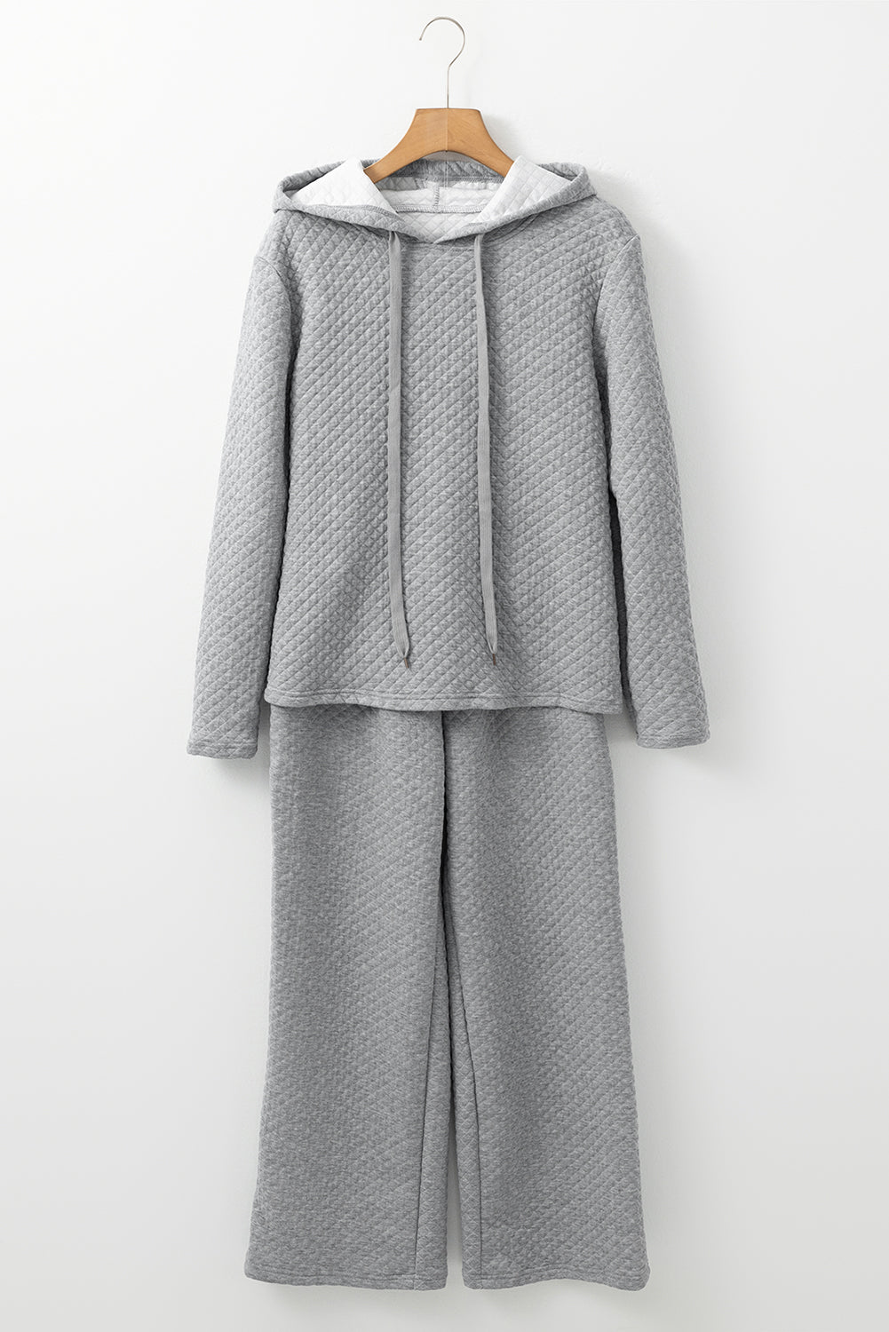 Gray Solid Color Drawstring Hoodie and Wide Leg Pants Set