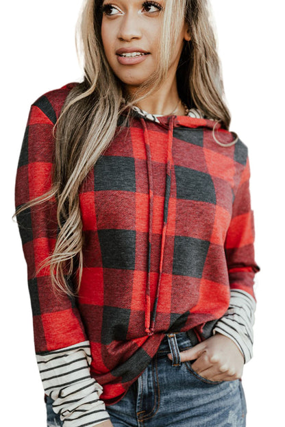 Fiery Red Christmas Plaid Striped Patchwork Drawstring Hoodie