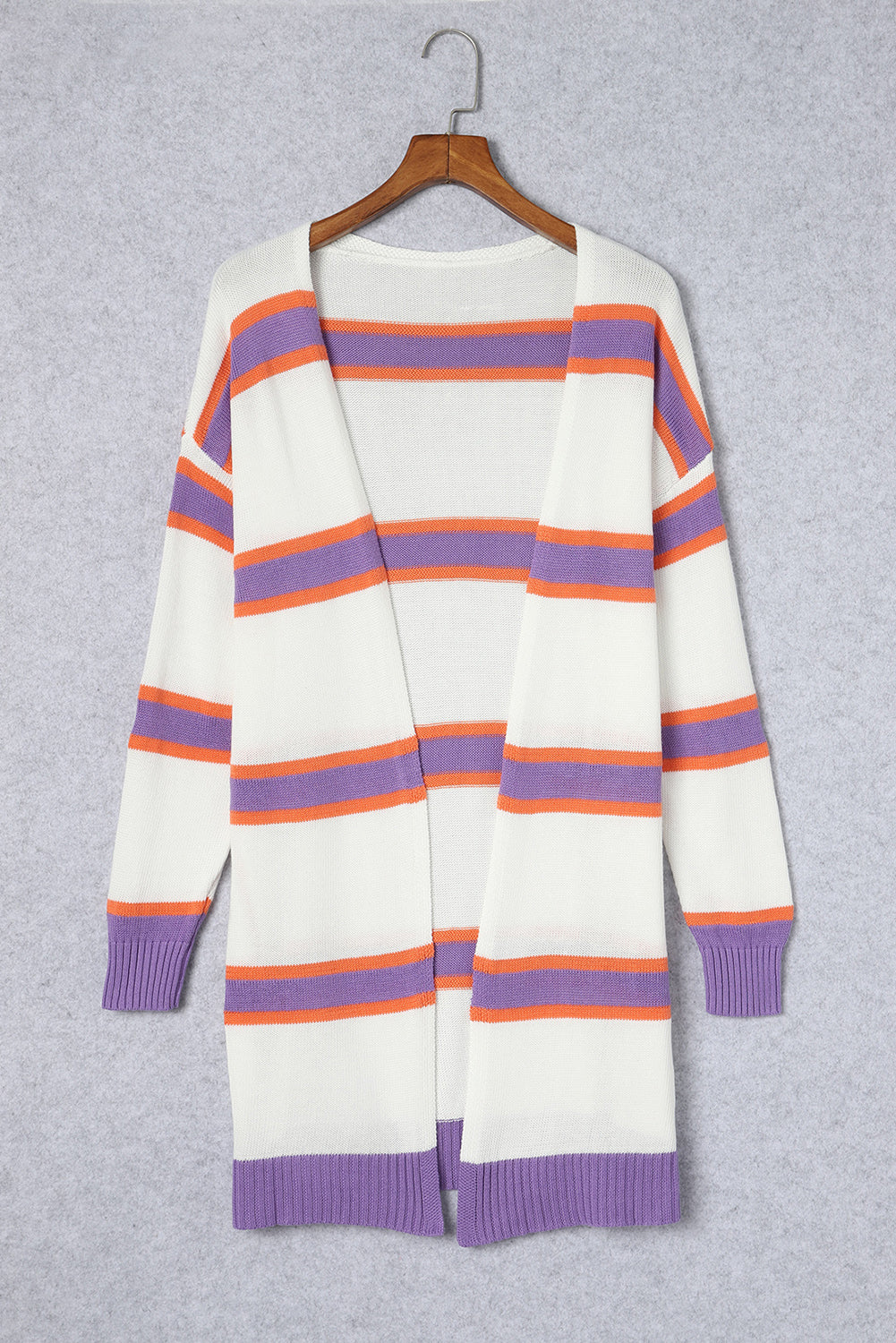 Beige Striped Long Sleeve Ribbed Trim Button Cardigan