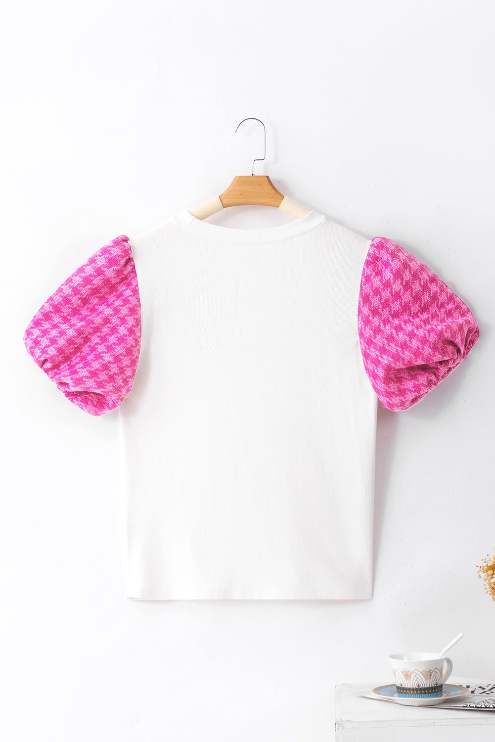 White Contrast Tweed Puff Sleeve Top