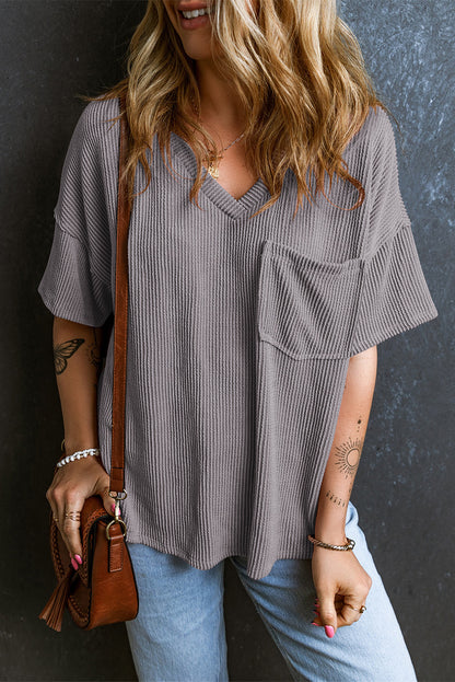 Light Grey Corded V Neck Chest Pocket Loose T-shirt