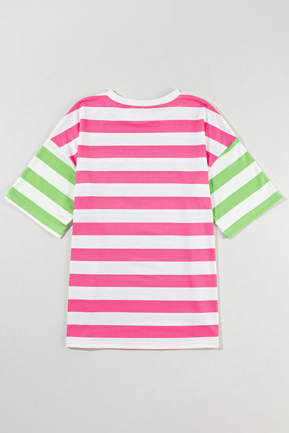 Pink Stripe Contrast Patch Pocket Drop Sleeve T Shirt