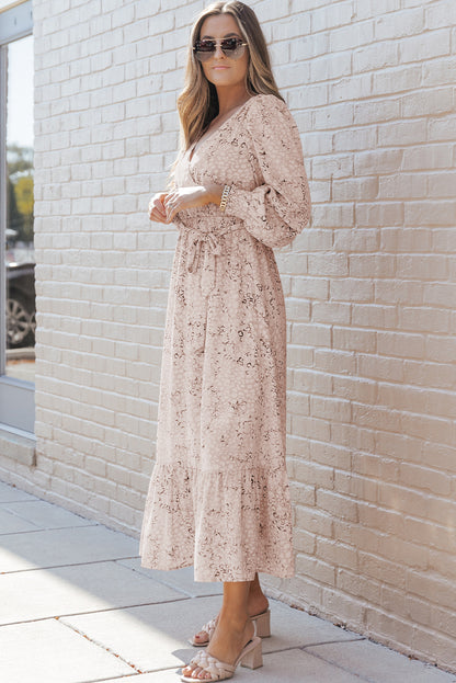 Leopard Surplice Neck Bubble Sleeve Maxi Dress with Sash