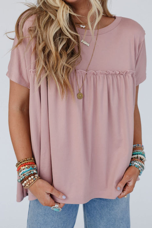 Light Pink Ruffled Trim Loose Babydoll Tee