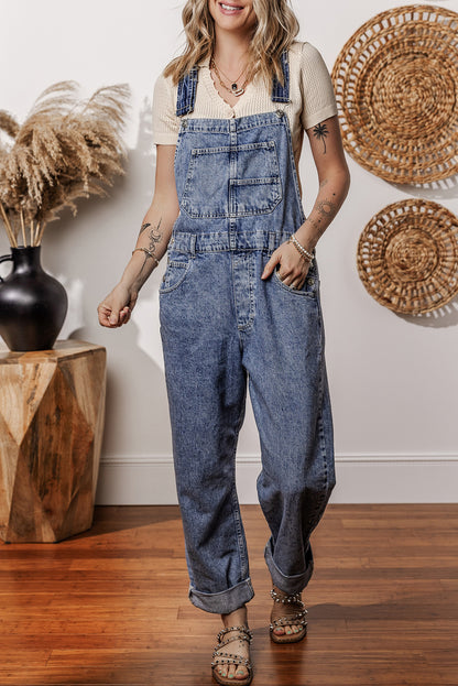 Sail Blue Denim Bib Straight Leg Jumpsuit with Pockets