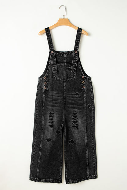 Black Distressed Bib Pocket Wide Leg Denim Overall