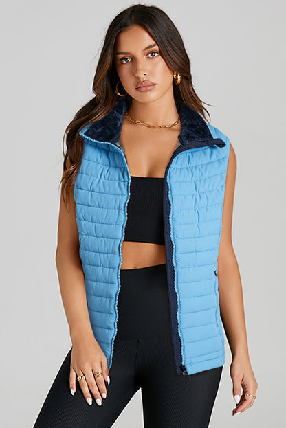 Silvery Plush Collared Quilted Zipped Puffer Vest