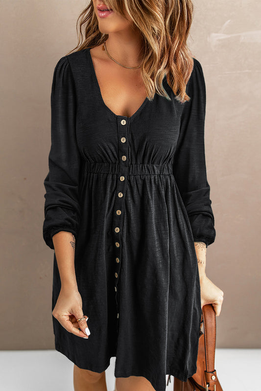 Black Button Up High Waist Long Sleeve Dress