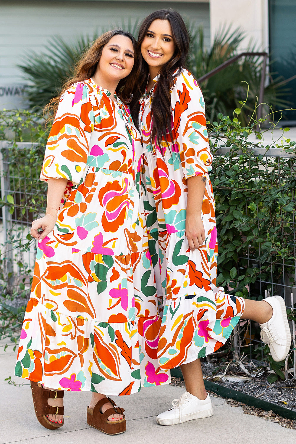 Orange Floral Print Split V Neck Tiered Maxi Dress